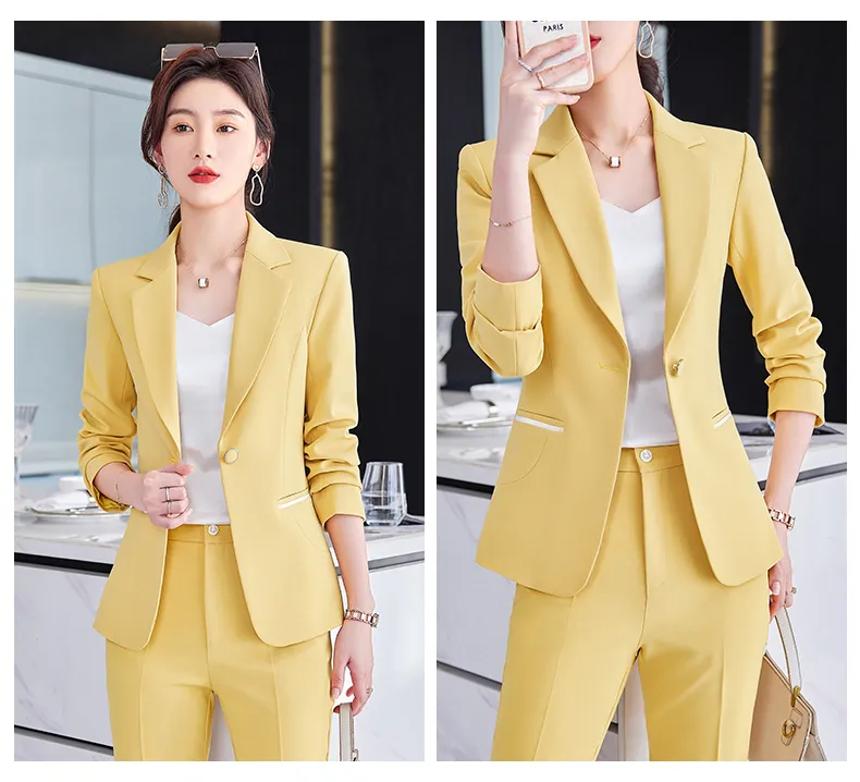 Pant Suits For Women Blazer Set Autumn Lady Business Office Work Korean  Style Uniform V-neck Long Jacket (Pant Suits For Women Blazer Set Autumn)  by www.irockba…