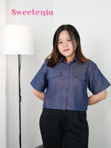 Kemeja Outer Crop Top Denim Atasan Wanita Berkerah - Sweetenia