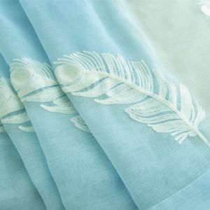 AnneyOneDecor Embroidered Sheer Curtains for Living Room Bedroom Feather Pattern Sheer Curtain Blue Voile Draperies Panel for Sliding Door