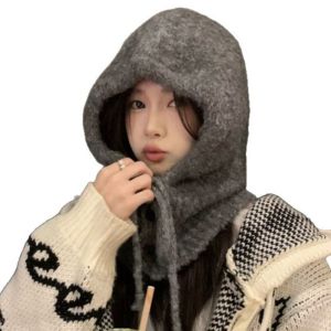 UNIITY Plush Women Balaclava Hat and Scarf Integrated Solid color Knitted Pullover Hat Korean Winter Warmer Knitted Beanies Outdoor