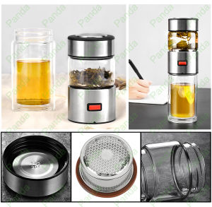 PANDA Botol Air Kaca Pemisah Teh dengan Filter Stainless Steel Dinding Ganda 400ML