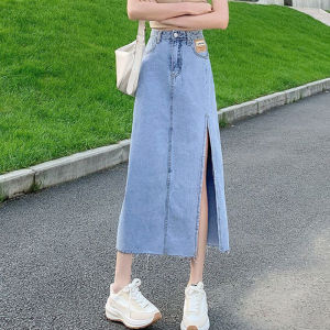 Rok Denim Wanita A-Line Gaya Korea dengan Potongan Tinggi dan Pinggang Alami