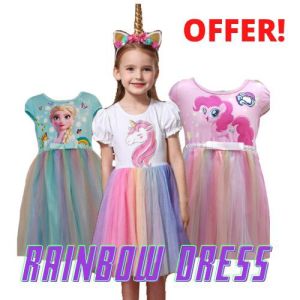 Kids Girl Cartoon Frozen Unicorn Dress Colorful Rainbow Tutu Dress