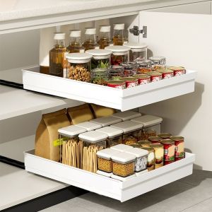 LKMART Kéo ra Giá lưu trữ nhà bếp Chống trượt Dung tích lớn Giá đựng hộp gia vị Thực tế với thanh trượt Dụng cụ sắp xếp tủ cho gia đình