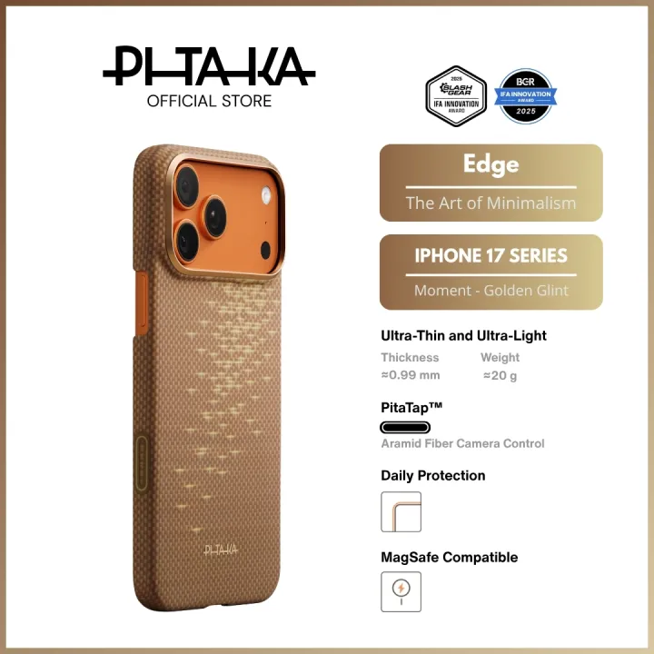 PITAKA iPhone 17 Pro/Pro Max - Ultra-Slim Edge Case - Magnetic/PitaTap™ Button (Golden Glint)