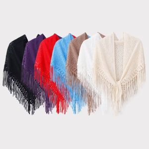 SHIRUI Phong cách retro Khăn choàng đan Màu sắc đồng nhất Đa năng Khăn quàng cổ rỗng Hợp thời trang Mềm mại Khăn choàng tua rua dành cho phụ nữ