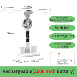 Rechargeable Table Lamp for Study Desk Lamp Reading Light Led Table Light with Fan Led Clock Dispaly Reading Lamp with Pen Holder 2 Heads 180° Rotate Stepless Dimming 3 Light Color In 1 Lamp