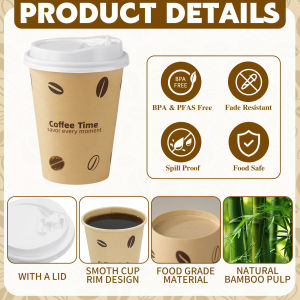12oz Disposable Kraft Paper Cups Bamboo Pulp Paper Cup with Lids For Beverages Parties Picnics Camping Juice Eco-Friendly Takeaway Household Drinking Cups 25pcs