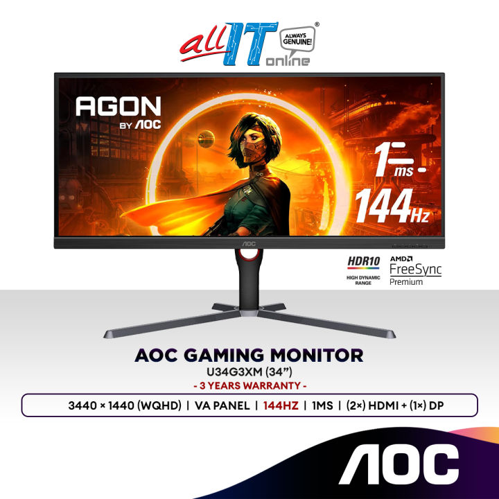 AOC U34G3XM 34” Quad HD 144Hz HDR10 UltraWide Gaming Monitor | Adaptive ...