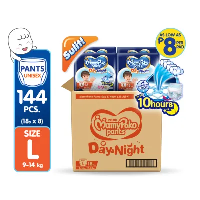 MAMYPOKO Day and Night Baby Disposable Diaper Pants Unisex Large 18 pcs x 8 packs (144 pcs)