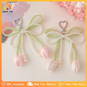 Tulip Flower Keychain Sweet Tulip Flower Pearl Keychain Bag Pendant Pearl Bowknot Phone Charm Pendant Gift Accessories