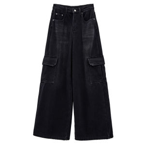 GHAOEHS กางเกงยีนส์คาร์โก้สีดำ เอวสูงขากว้าง กางเกงกระบอกตรงรุ่นใหม่ ชิวชิวV112