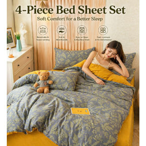 Free Shipping Ready Stock Cotton 4-Piece Bed Sheet Set Gray Green Leaf Floral Pattern Soft Breathable Bed Cover Set with Pillowcases
