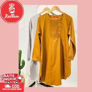 Tunik Wanita Dewasa Bahan Katun Adem Lengan Panjang Trend Terbaru Fashion Lebaran Kancing & Zipper Depan Motif Polos Model Asimetris Nyaman Dipakai Sehari-hari Cocok Formal & Semi Formal 01 - XELLEA