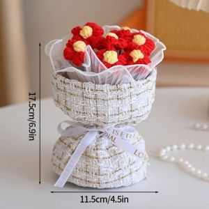 Finished Crochet Flowers Bouquet Handmade Bouquet Valentines Gift Wedding Decor Knitted Flower Bouquet with Gift Bag