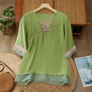 LUCKIN เสื้อเชิ้ตผ้าบางปักลายศิลปะจีนเสื้อแจ็คการ์ดแขนสั้นปะต่อสำหรับผู้หญิงสไตล์ใหม่ฤดูร้อนเสื้อคอกลมสำหรับผู้หญิง