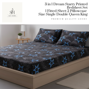 SevHome 3 in 1 Dream Starry Printed Bedding Set Bedsheet Garterized Bed Sheet 1 Fitted Sheet cover 2 Pillow Case Size Single Double Queen King