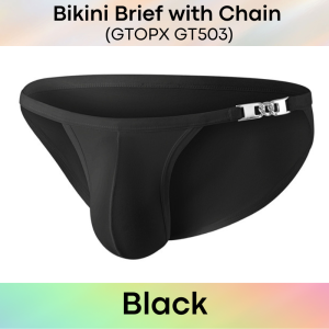 Mens Brief: Nylon Bikini Brief with Non-Removable Side Metal Chain (GT503)