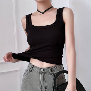 REEBO คอสี่เหลี่ยม เสื้อครอปแขนกุด พอดีบางเฉียบ ง่ายๆ บราพร้อมแผ่นรองยกทรง หวานหวานแหววว เสื้อกั๊กสเวตเตอร์ เสื้อแขนกุดสตรี สำหรับผู้หญิง