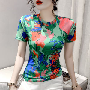 YIGE Fashion Cổ Chữ V Áo Lưới 2023 Cộc Tay Mới Mùa Hè Cổ Tròn Áo Phông In Hình Và Thời Trang Ôm Vừa