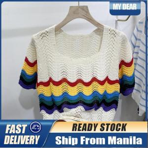 Rainbow Striped Shirts for Ladies New Style Ice Silk Knitted Shirt Hollow Top