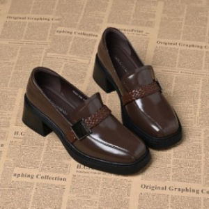 Free Shipping Retro Square-Toe Chunky-Heel Loafers New Spring/Autumn Collection With Braided Leather Straps And A Deep-Cut Design WomenS Mid-Heel Shoes