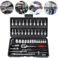 （ราคาขายส่ง + กรุงเทพฯ）1/4”งานหนัก กล่องดำ 46 ชิ้น  wrench tool set and block set tool wrench kit block Pro mechanic Tools Set kit tool multi-purpose with plastic Box shockproof. 