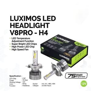 LUXIMOS HEADLIGHT V8 PRO 75 WATT H4 HI LOW CUT OFF H11 HB3 HB4 1 WARNA PUTIH TERANG LAMPU UTAMA MOBIL SEPER TERANG