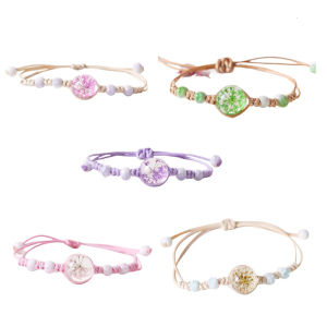 Adjustable Braided Bracelet with Crackle Beads and Glass Flower Handmade Bangle Waxed Cord Wristchain Accessories