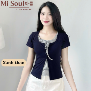 Áo Thun Cộc Tay Cổ Phối Viền Bèo Thắt Nơ Misoul Chất Thun Cotton Mềm Mát Áo Phối Viền Bèo 2 Lớp BigSize 428