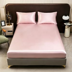 MRK 3 in 1 Satin Silk Fitted Bedsheet Set Single/Double/Queen/King 4 Size Soft Cool Touch Bed sheet