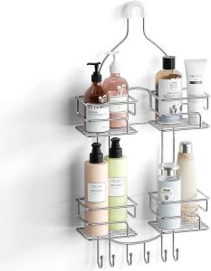 SRIWATANA Shower Caddy Hanging Over Head Bathroom Shower Organizer Shower Rack Holder with Hooks for Razors - Black