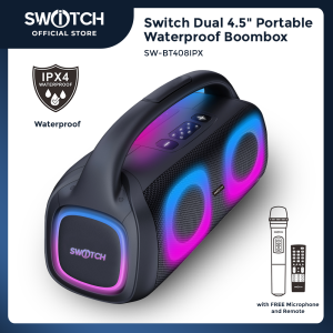 Switch Dual 4.5" Portable Splash Proof/Waterproof 5.0 TWS Bluetooth Superbass Stereo Speaker with LED Display Rechargeable Battery FM/AM USB & TF Card Input SW-BT408IPX