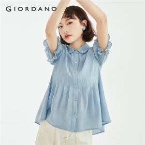 GIORDANO Women Shirts Acetate Chiffon Lightweight Shirts Crewneck Ruffle Short Sleeve Fashion Casual Pleated Shirts 18343606