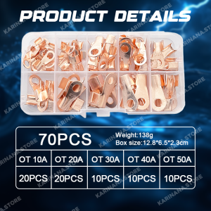 Battery Lugs Connector 70PCS Copper Material Terminal OT Wire Connector Copper Nose Ring Open Lugs Wire Terminals 10/20/30/40/50A
