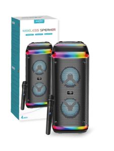 NEW Upgraded Disco Colorful RGB Flash Lights Bluetooth Karaoke Speaker with Wireless Mic Dual 4inch LED Light Outdoor Speaker 2*4 Increasing Size Big Wireless Double Brodu Speakers with Micphone