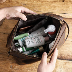 CONTACTS Crazy Horse Genuine Leather Cosmetic Bag Toiletry bag Vintage Wash Bag Make Up Bags Travel Organizer