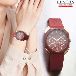 HENLEIN Jam Tangan Wanita Original Bergaransi Korea Style Kasual Tali Silikon HW-6002 Red Marun