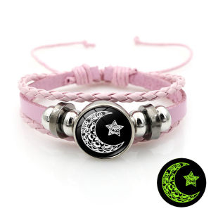 COD Gelang Kulit Kancing Bulan Matahari Bercahaya Uniseks Gelang Anyaman Manik-manik Banyak Lapisan Buatan Tangan R