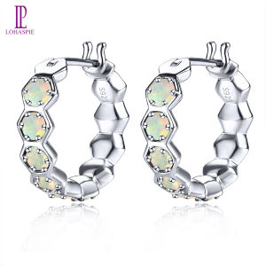 Lohaspie Jewelry Genuine 1.48 Carats Pure Silver 925 Original Hoop Earring Natural Opal Hoop Earring Round Cut Gemstone Opal Birthstone Earring For Women Silver 925 Jewelry