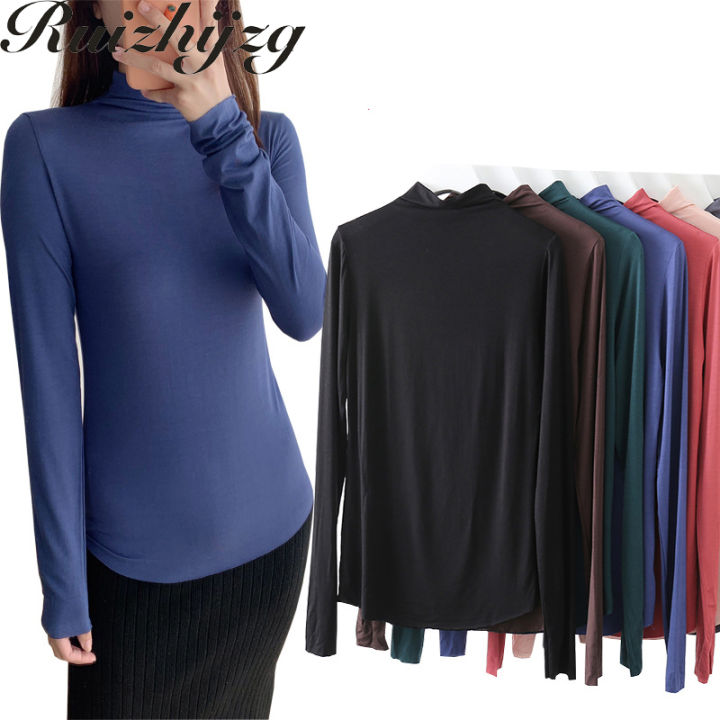 M-2XL 40-80KG T shirt Women Long Sleeve Korean Style Plus Size Modal Cotton  Fashion Half High Collar Neck Ladies Woman Home wear Soft Slim Shirt Top  Big Size Black White Grey Purple