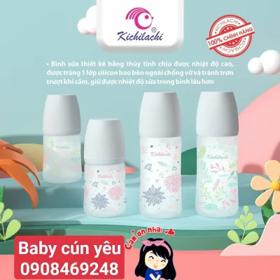 Bình Sữa Thủy Tinh Tráng Silicon Kichi Siêu Nhẹ Chống Trầy Xước 150ml/240ml [Kèm Núm Ti]