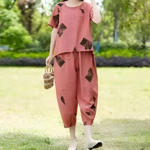 [Counter Quality] Cotton And Linen Two-Piece Suit Womens Top Pants Two-Piece Cotton Linen Short-Sleeved Home Clothes Loose Slimming Belly Covering Summer Mothers Two-Piece Set