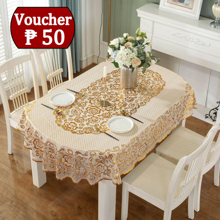 4/6/8/10 Seater Table Cloth Oil Proof Waterproof Gold/White Table Linen ...