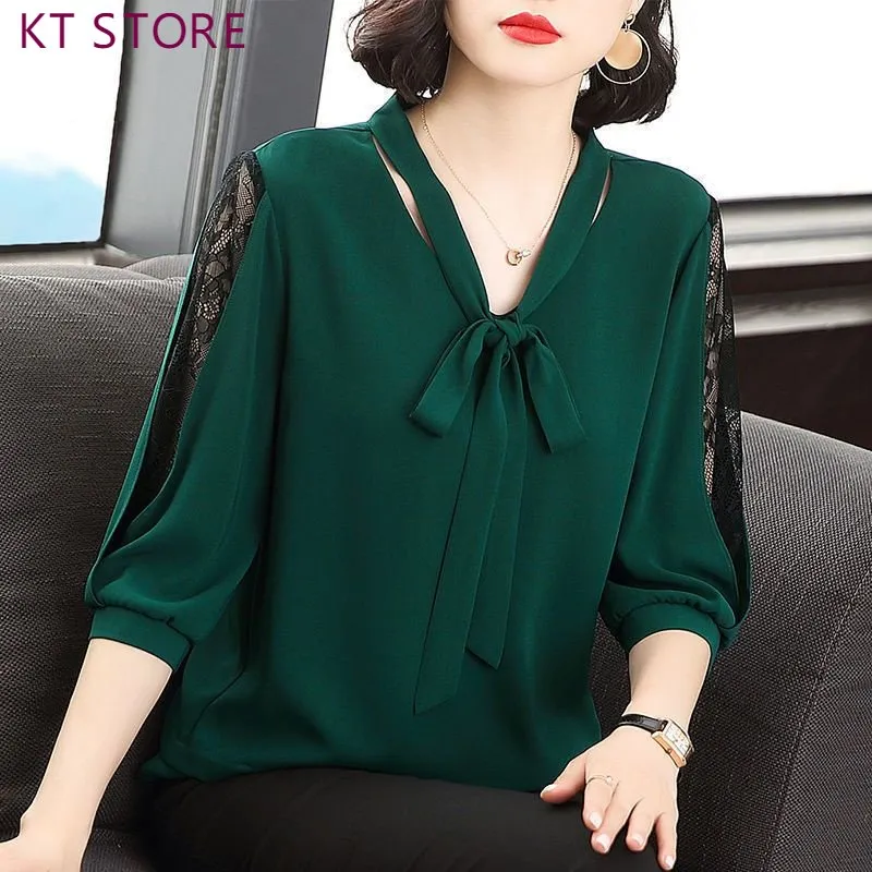V-neck Chiffon Blouse Plus Size Women's Summer Korean Style Loose