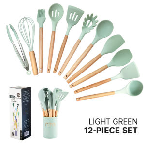 Nipiin 12pcs/set Silicone Utensils Set Kitchen Cooking Tool Spatula Ladle with Wood Handle Non-Stick Kitchenware