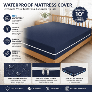 100% Waterproof Mattress Protector with 10" Deep Pocket Double Zipper Dust Mite Protection Machine Washable.