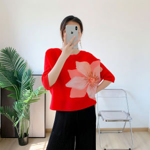 Sunya 1.Miyake pleated summer short-sleeved T-shirt womens loose foreign style large size belly cover shirt short tide X260