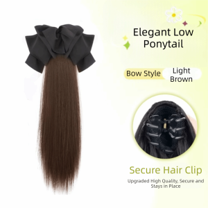 BEAUTYLADIES Korean Style Bow Straight Ponytail Clip on Synthetic Long Claw Clip Wig Sweet Fake Pony Tail Hair Piece for Women