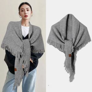 DAMONJ Wool Large Triangle Shawl Windproof Solid Color Large Wraps Retro Neck Wraps Tassels Scarves Women